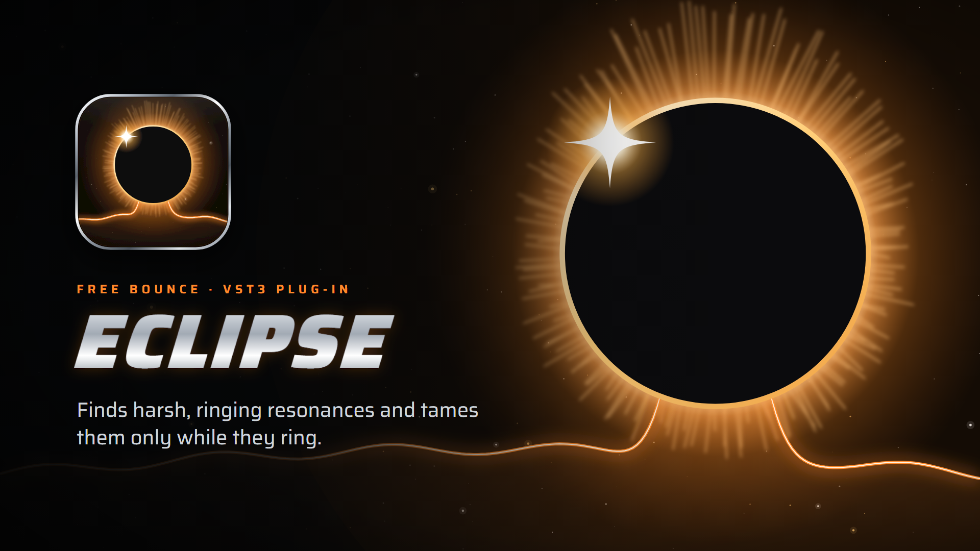 Eclipse cover: a large solar eclipse on a dark sky, its black moon hiding the peak of an orange frequency curve, with the Eclipse name and tagline on the left.