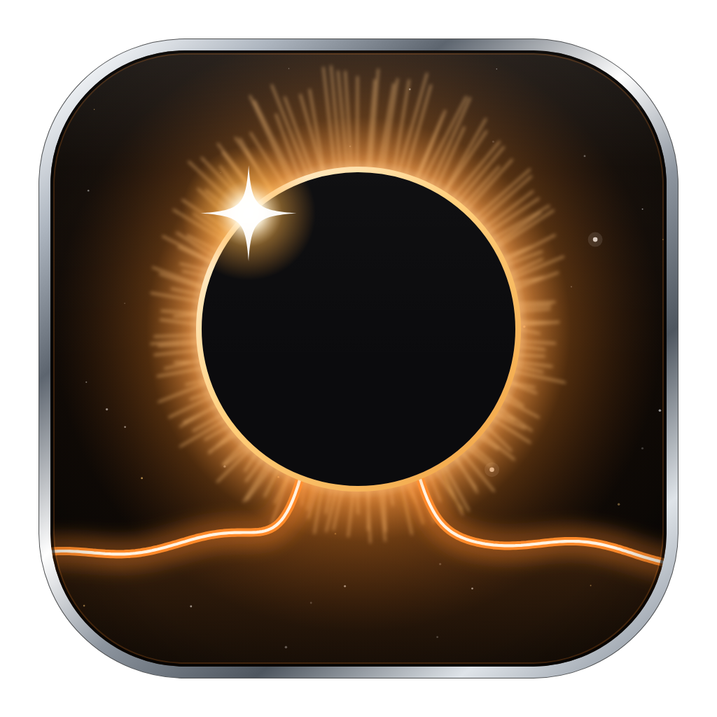 Eclipse icon: a black moon with a glowing orange corona and a bright diamond-ring flare, covering the tall peak of an orange spectrum line.