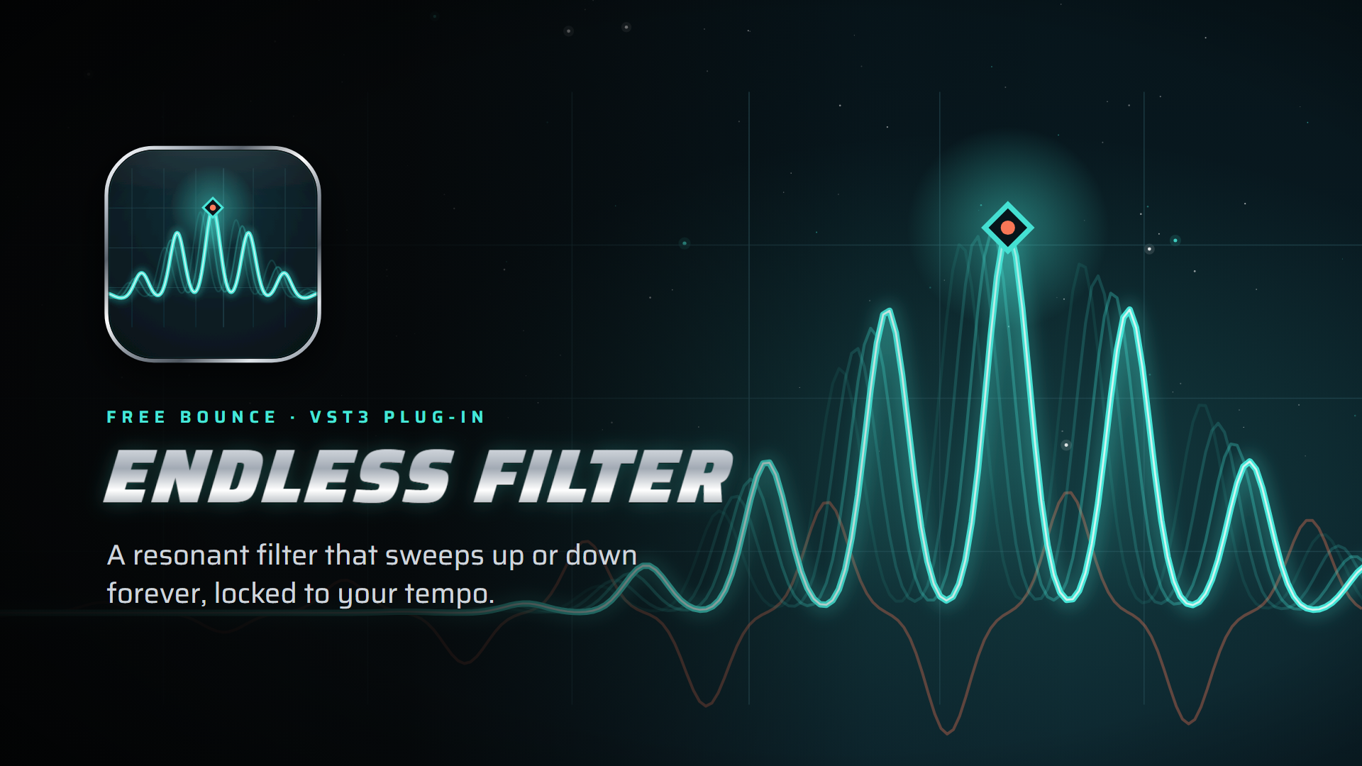 Endless Filter cover: a wide field of cyan resonant filter peaks drifting across a dark teal frequency grid, with the Endless Filter name and tagline on the left.