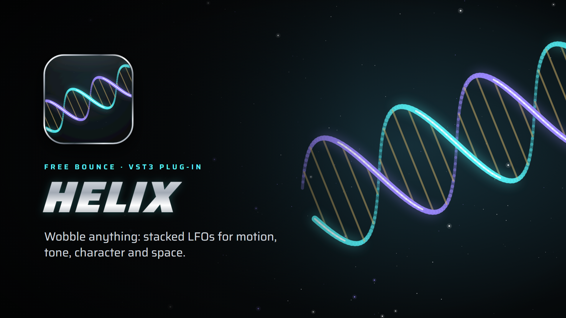 Helix cover: a long glowing double helix of cyan and violet LFO strands twisting diagonally across a dark starfield, with the Helix name and tagline on the left.