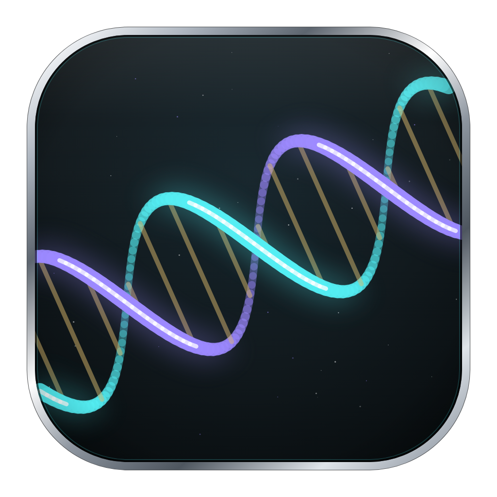 Helix icon: a cyan strand and a violet strand twisting round each other in a double helix, joined by faint amber rungs, on a dark teal-black tile.